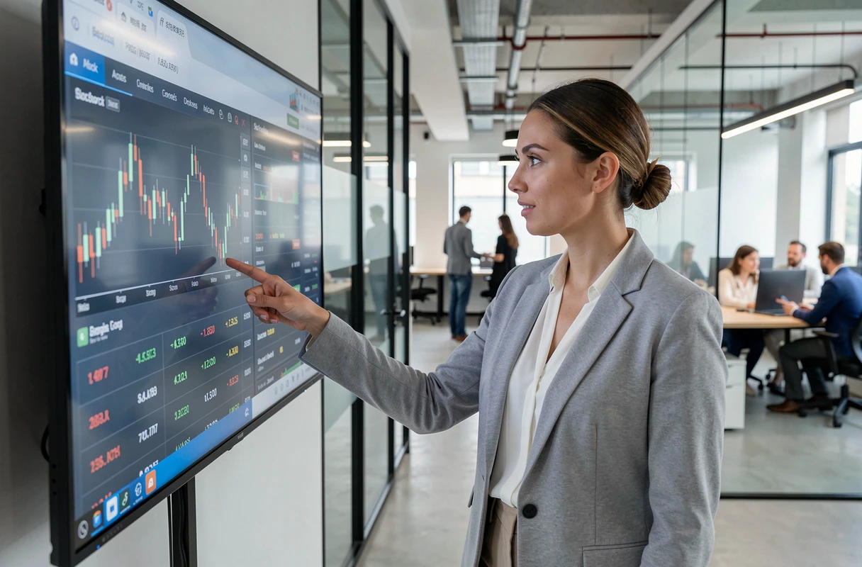 Femme en blazer gris présentant un tableau de bord de portefeuille boursier dans un espace de coworking moderne