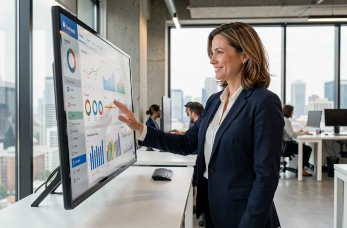 Femme professionnelle interagissant avec un tableau de bord digital dans un bureau moderne aux solutions digitales innovantes