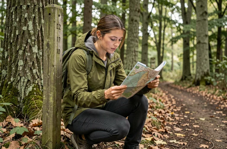Femme en veste de randonnée verte consultant une carte dans une forêt tempérée lors d'une activité de plein air