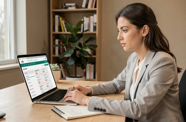 Femme professionnelle explorant la structure d'un site d'emploi sur son ordinateur portable dans un bureau à domicile moderne