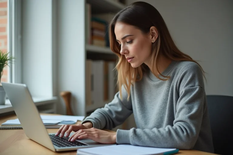 Femme utilisant un moteur de recherche en ligne sur un ordinateur portable dans un bureau moderne