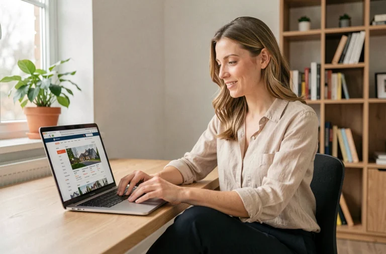 Femme consultant des annonces immobilières sur un ordinateur portable dans un bureau à domicile moderne