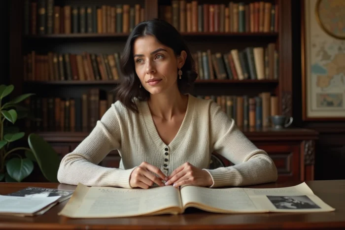 Femme explorant des photographies et documents familiaux anciens pour retracer ses origines ethniques et son histoire familiale dans une bibliothèque intimiste
