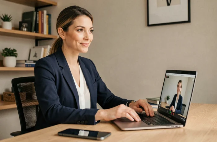 Femme professionnelle en blazer marine participant à un entretien de recrutement à distance via ordinateur portable dans un bureau à domicile moderne