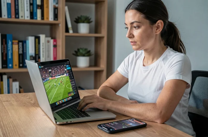 Femme suivant un match de sport en streaming sur son ordinateur portable depuis son bureau à domicile