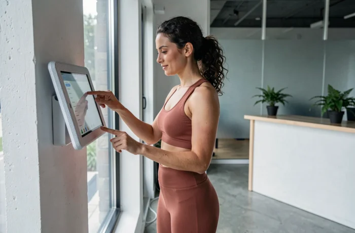 Femme en tenue de yoga utilisant une tablette tactile à l'accueil d'un studio de yoga pour prendre contact en ligne