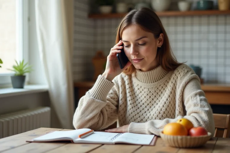 Femme au téléphone cherchant à contacter le service client de la Sécurité sociale depuis sa cuisine