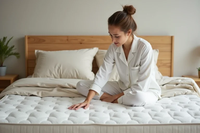 Femme testant la fermeté d'un matelas en mousse Bultex dans une chambre moderne et épurée