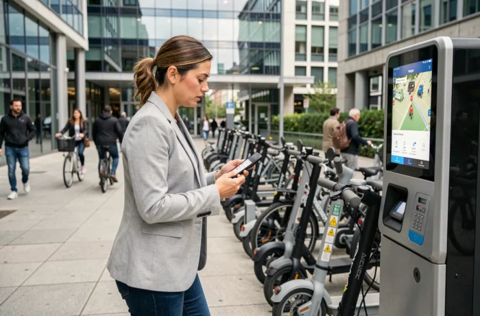 Femme déverrouillant une trottinette électrique en libre-service dans une ville européenne moderne