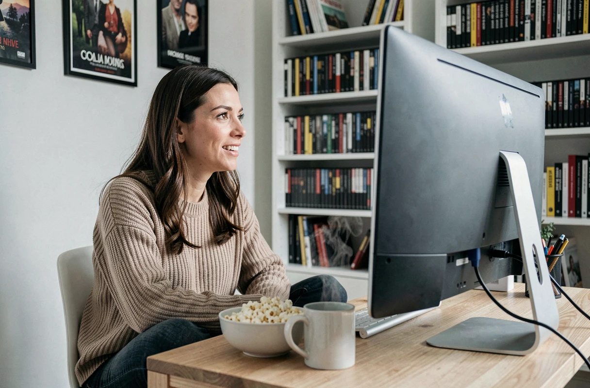 Femme regardant un film en streaming ou téléchargé sur un grand écran d'ordinateur à son bureau à domicile