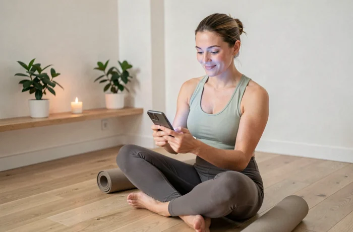 Femme en tenue de yoga assise sur un parquet en bois contactant son studio de yoga via smartphone