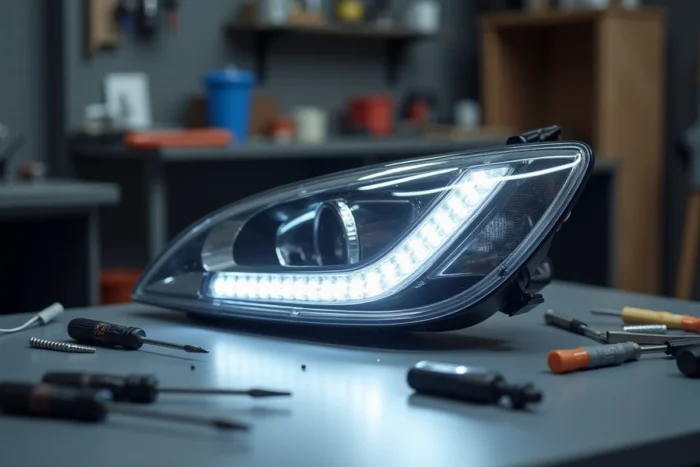 Feu diurne LED d'origine Peugeot 308 phase 2 posé sur un établi avec les outils nécessaires pour le remplacement