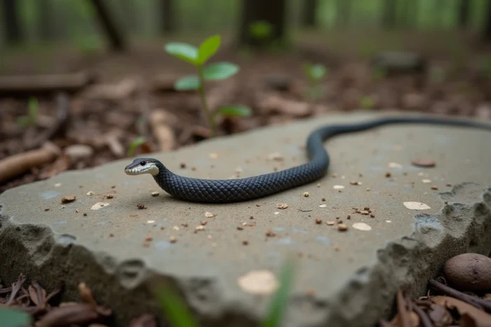 Fientes de serpent sur une roche plate en milieu naturel forestier, montrant la partie sombre et le capuchon blanc d'acide urique