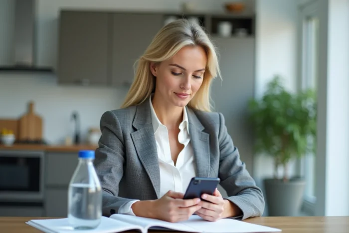 Fonctionnaire consultant la plateforme e-formation IGPDE sur son smartphone pendant une pause au bureau pour préparer un concours