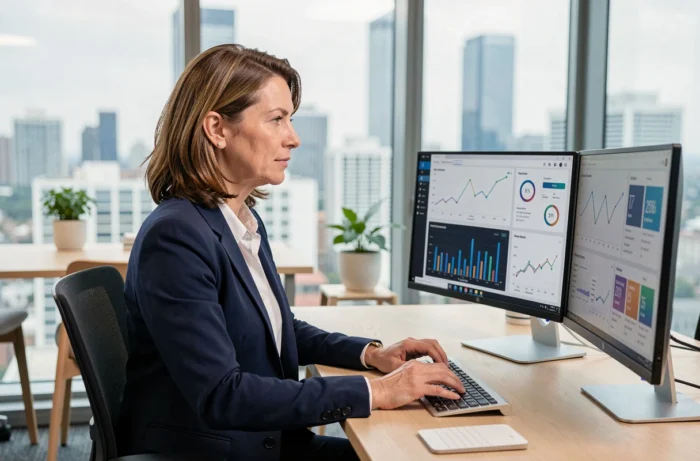 Femme dirigeante analysant des tableaux de bord financiers sur ordinateur dans un bureau moderne avec vue sur la ville