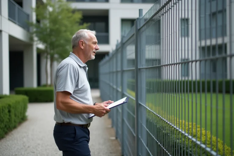 Gestionnaire de copropriété inspectant un grillage de protection métallique installé autour d'une résidence collective
