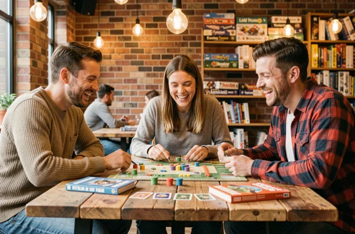 Groupe d'amis jouant à des jeux de société dans un café ludique, loisir social tendance entre adultes