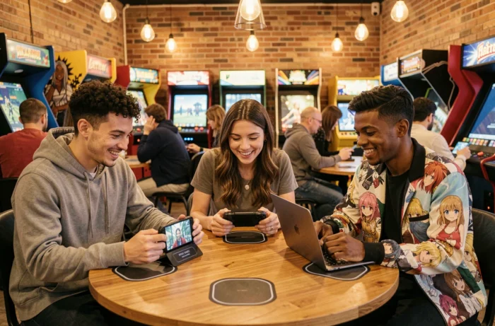 Groupe de jeunes adultes dans un café gaming urbain utilisant des appareils high-tech modernes dont un smartphone pliable et une console portable en 2024
