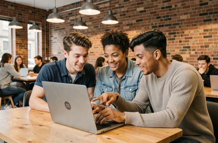 Groupe de jeunes professionnels discutant des dernières actualités autour d'un ordinateur portable dans un espace de coworking
