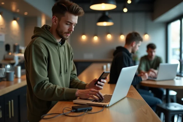 Jeune homme consultant un guide de réparation mobile sur ordinateur portable dans un café urbain avec un chargeur externe