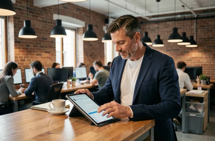 Homme d'affaires consultant un brief de projet digital sur tablette dans un espace de co-working