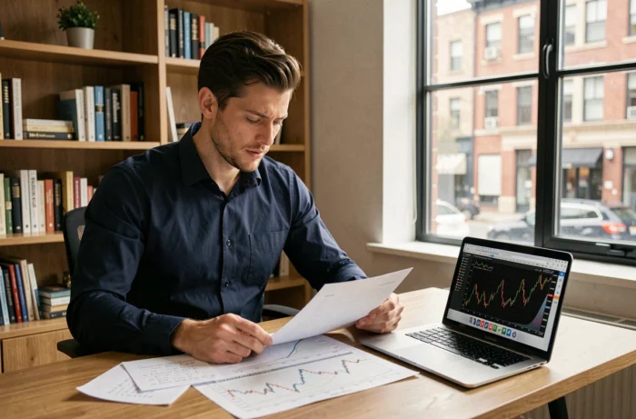 Homme analysant des graphiques boursiers sur son bureau à domicile pour apprendre à investir en bourse