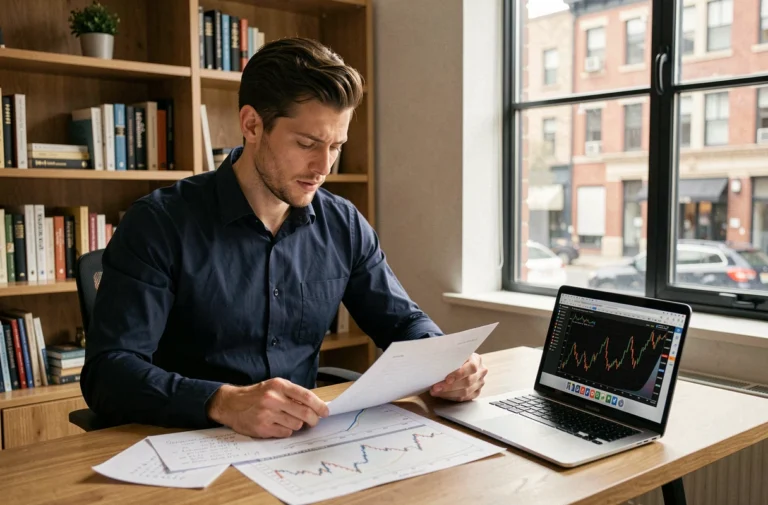 Homme analysant des graphiques boursiers sur son bureau à domicile pour apprendre à investir en bourse