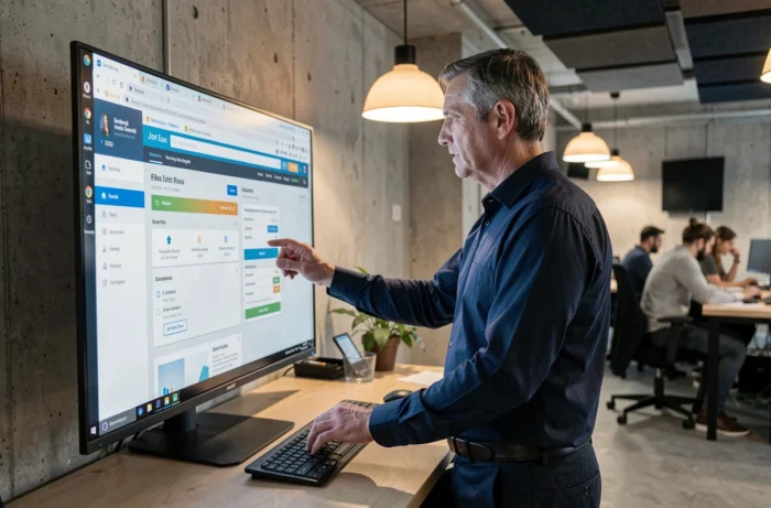 Homme d'affaires analysant les filtres et catégories d'un portail d'offres d'emploi sur un grand écran dans un espace de coworking