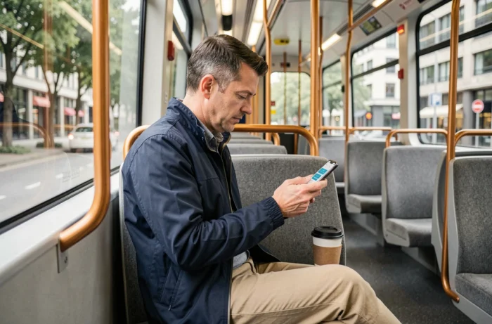 Homme consultant une application de transport multimodal dans un tram urbain moderne