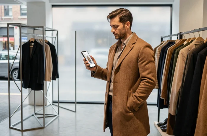 Homme tendance dans une boutique de mode urbaine consultant les dernières tendances vestimentaires sur smartphone