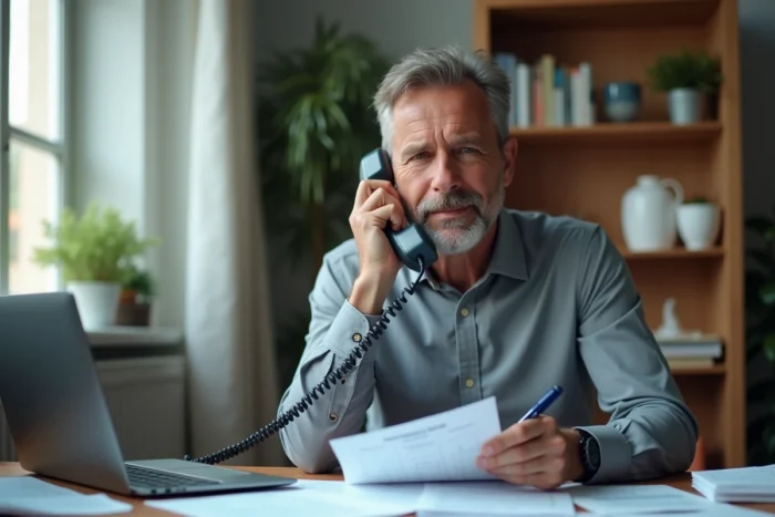 Homme au bureau consultant des documents administratifs tout en appelant la Sécurité sociale