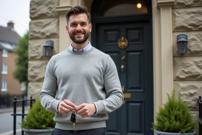 Homme tenant des clés devant l'entrée de son nouvel appartement après avoir bénéficié d'une prime d'installation