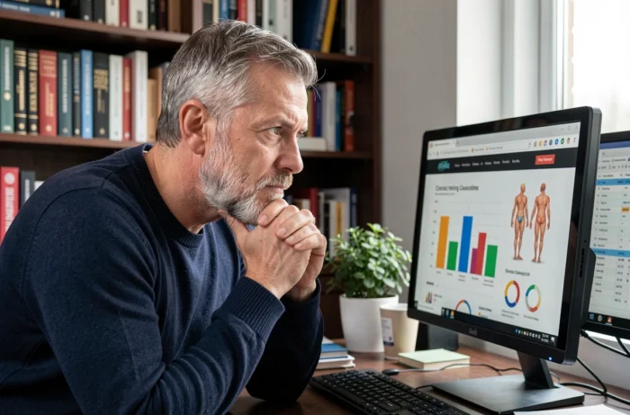 Homme consultant un site web interactif calculant la valeur d'un humain par critères statistiques