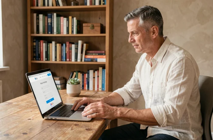 Homme cherchant à contacter un studio de yoga en ligne depuis son ordinateur portable à domicile