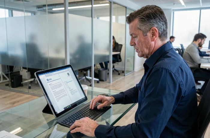 Homme consultant des documents administratifs numériques sur une tablette dans un espace de coworking moderne
