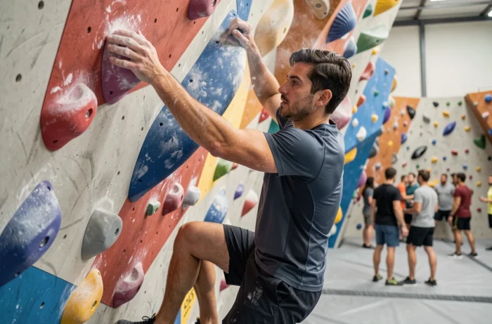 Homme pratiquant l'escalade en salle de bloc sur mur coloré, sport loisir tendance en intérieur