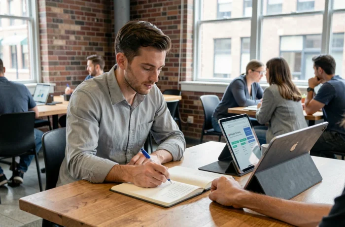 Homme en formation recrutement à distance prenant des notes dans un espace de coworking moderne avec tablette et carnet