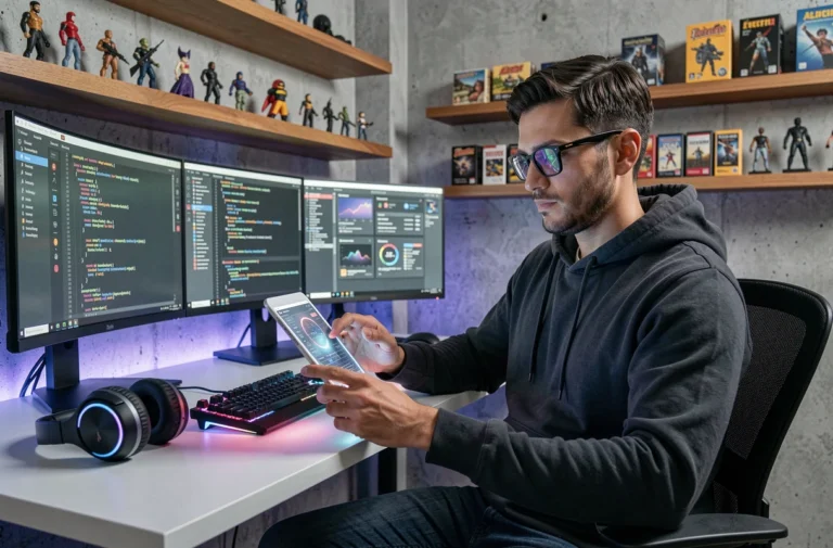 Homme geek dans les années 30 travaillant sur plusieurs écrans high-tech dans un bureau moderne avec des figurines de collection et des périphériques RGB