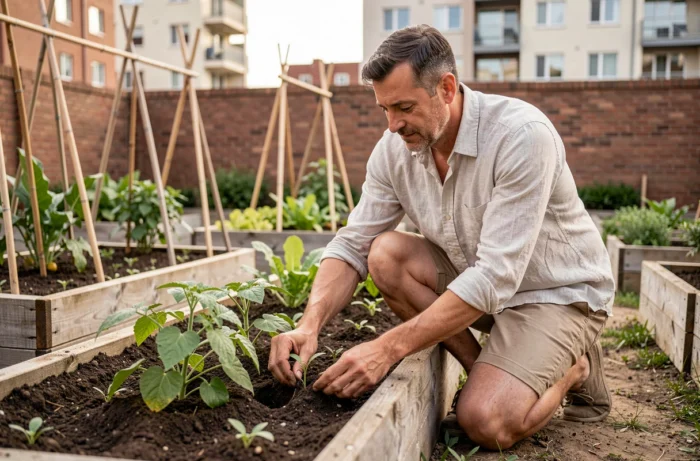 Homme plantant des plants de légumes dans un jardin urbain partagé lors d'une activité de loisirs verts