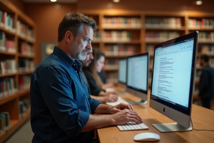 Homme consultant un moteur de recherche sur un ordinateur dans une bibliothèque publique moderne