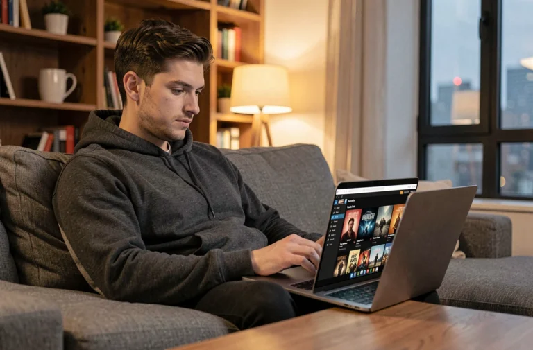 Jeune homme naviguant sur un site de téléchargement de films depuis son canapé avec un ordinateur portable