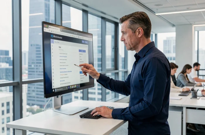 Homme professionnel consultant un plan de site sur grand écran dans un bureau moderne en ville