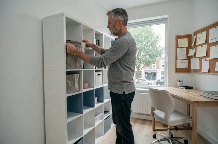 Homme réorganisant des cubes de rangement modulaires dans un bureau à domicile bien aménagé