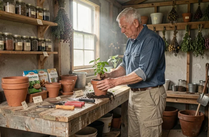 Homme âgé transplantant des plants de basilic dans une serre artisanale, entouré d'outils de jardinage et de sachets de graines vintage