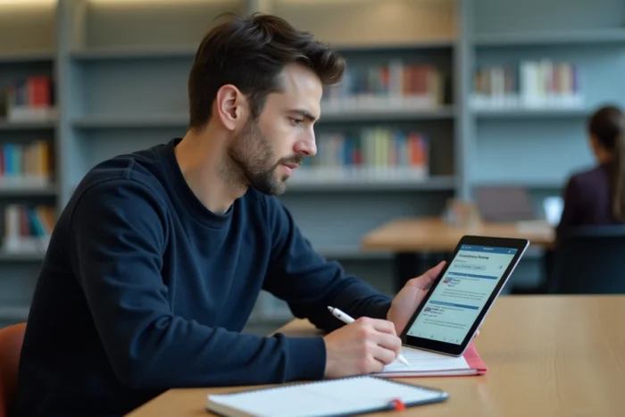 Jeune homme consultant la plateforme IGPDE sur une tablette dans une bibliothèque universitaire pour préparer un concours administratif