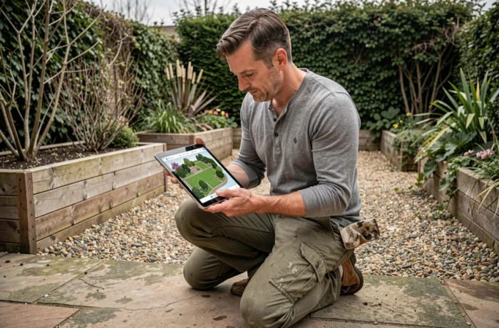 Homme consultant un logiciel de planification de jardin sur tablette en plein air dans son jardin en cours d'aménagement