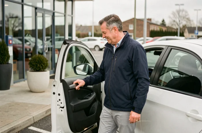 Homme d'une cinquantaine d'années examinant le tableau de bord numérique d'une voiture hybride blanche devant une concession automobile moderne