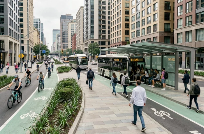 Vue panoramique d'un hub de mobilité urbaine avec bus électrique, vélos et piétons en mouvement