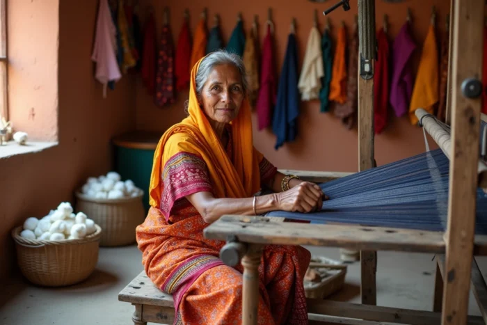 Artisane indienne tissant un tissu coloré traditionnel sur un métier à tisser en bois dans un atelier de Rajasthan