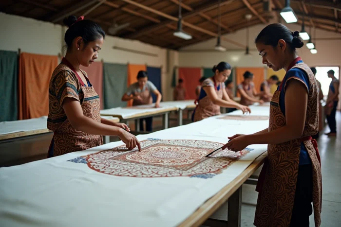 Ouvrières indonésiennes appliquant des motifs de batik traditionnel à la cire sur des panneaux de tissu dans un atelier de Java